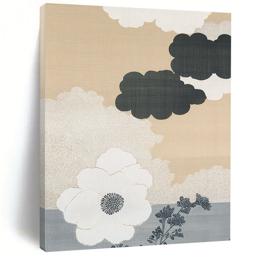 Contemporary abstract art features a beige and white cloud pattern on a gray ombre background with a large white flower and minimalist accents. DLZ1134
