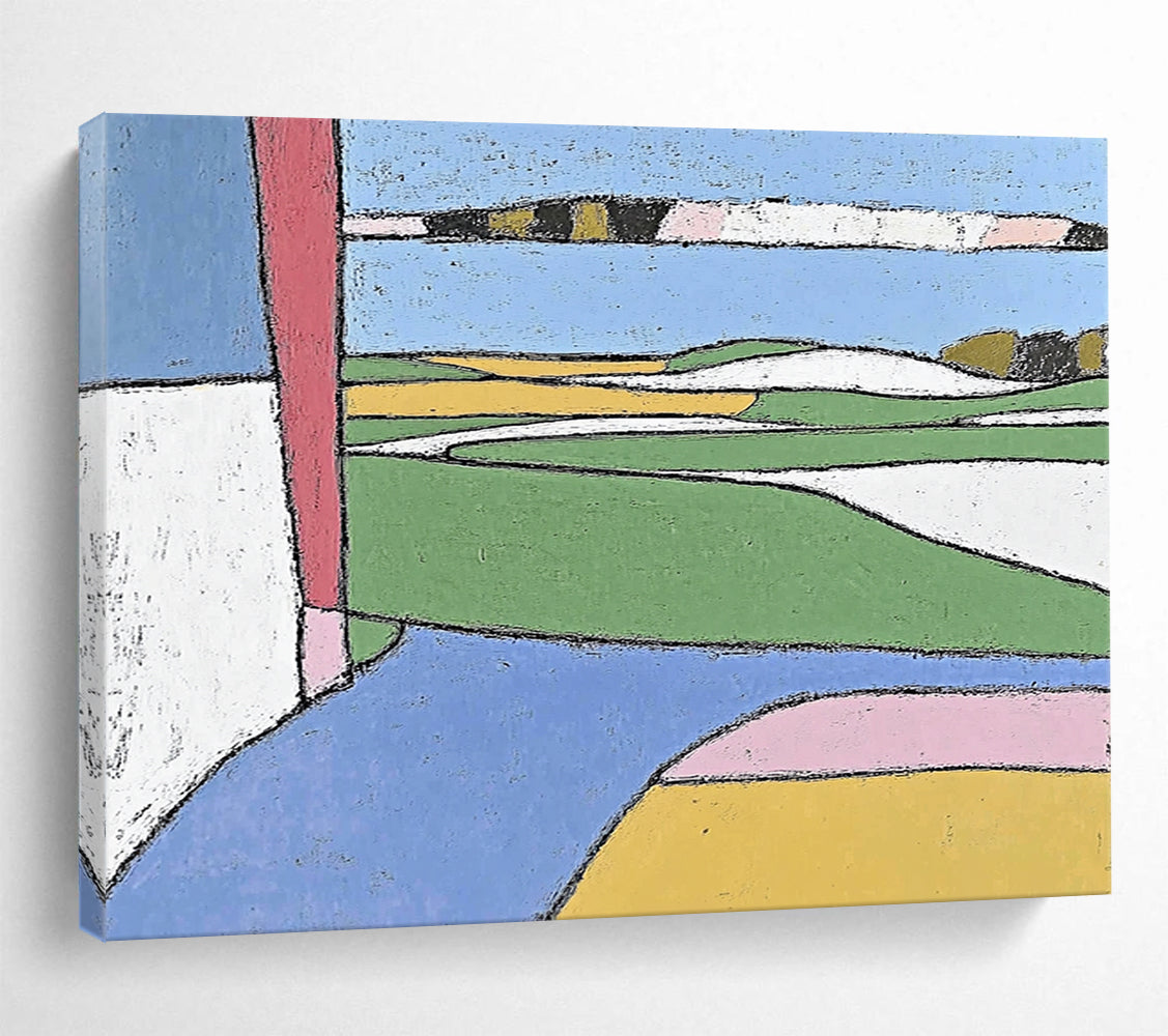 “Color - Blocked Landscape” - Green, Blue, Yellow, Abstract Fields - Primitive Acrylic Painting HB1504