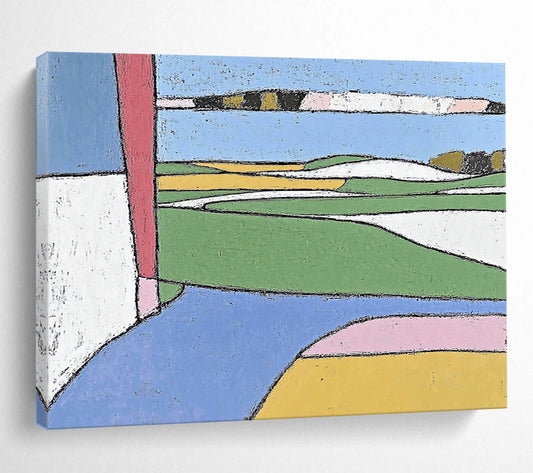 “Color - Blocked Landscape” - Green, Blue, Yellow, Abstract Fields - Primitive Acrylic Painting HB1504