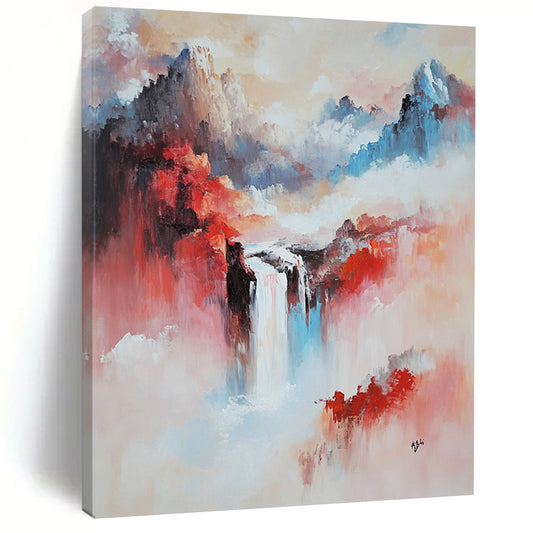 Large contemporary abstract painting featuring a mountainous Chinese landscape with a vibrant waterfall in pink and red tones. DLZ0605