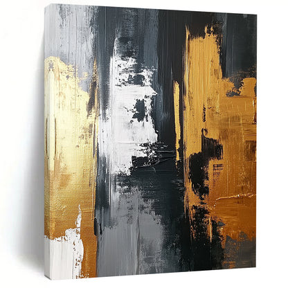 Abstract artwork featuring a gold and gray palette with bold brush strokes and white highlights on a dark gray background, emphasizing texture and dynamic design. DLZ0705