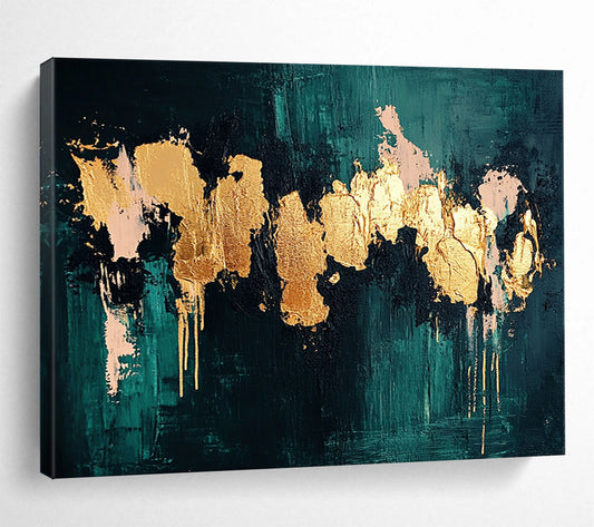 “Teal and Gold Abstract Drip” - Teal, gold, pink; Abstract drip painting with gold and pink; Acrylic Painting On Canvas HB1245