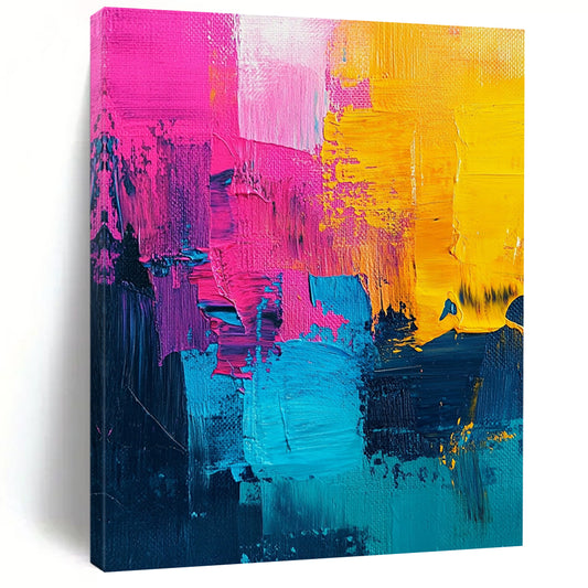 Vibrant contemporary abstract painting with bold pink and yellow accents, a striking turquoise center, and rich dark blue features, showcasing textured acrylic brush strokes. DLZ0776