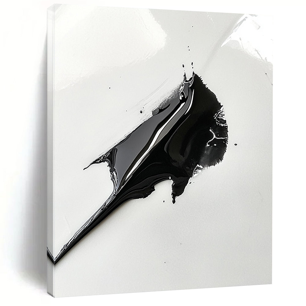 Contemporary abstract art featuring a black paint spread resembling a shark's fin on a white background capturing intricate details with a macro lens effect. DLZ1556