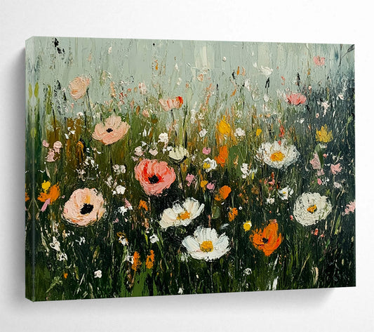 “Wildflower Meadow Impasto” - Colorful wildflowers in pink, white, orange, Impasto Floral Painting On Canvas HB0545