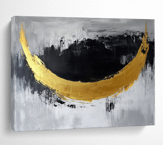 “Golden Crescent” - Gold, Black, Gray, Abstract Moon - Shaped Painting On Canvas HB1044