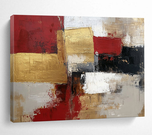 “Gilded Geometry” - Red, Gold, Gray, Textured Squares - Modernist Acrylic Painting with Gold Accents HB1541