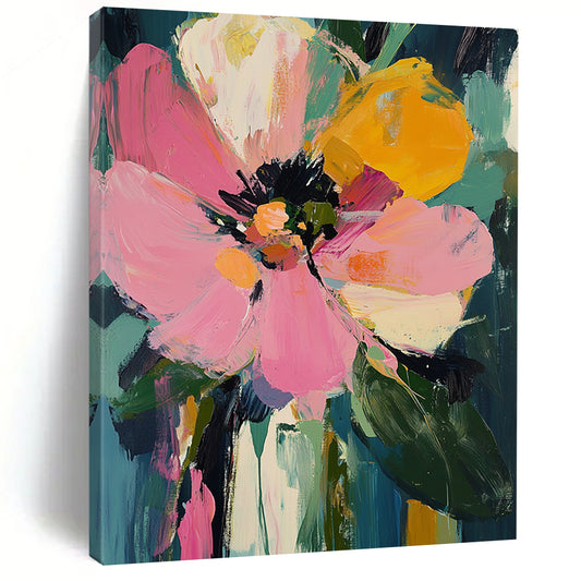 Vibrant contemporary painting featuring oversized pink and yellow flowers, lush dark green leaves, and expressive thick brush strokes. DLZ0381