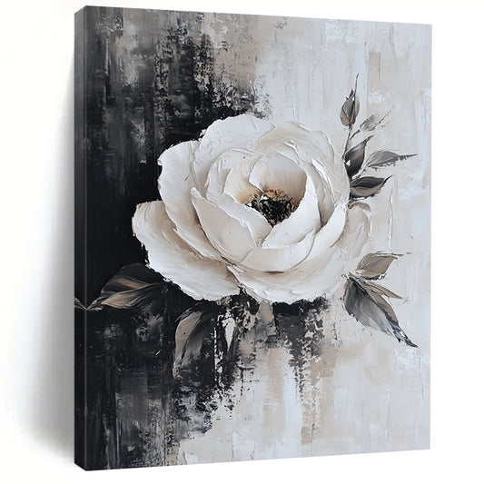 Contemporary abstract painting featuring white roses in a black and grey color palette with heavy brush strokes and vintage style floral art. DLZ0674