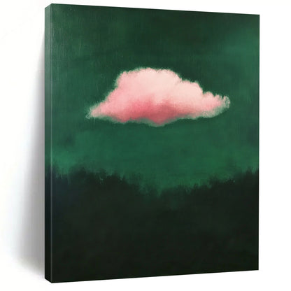 Contemporary minimalist art featuring a single pink cloud against a dark green background exuding low contrast elegance. DLZ1682