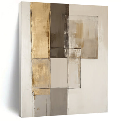 Contemporary hand-painted abstract art featuring textured brown and gold accents with smooth shades of gray on an off-white background. DLZ1070