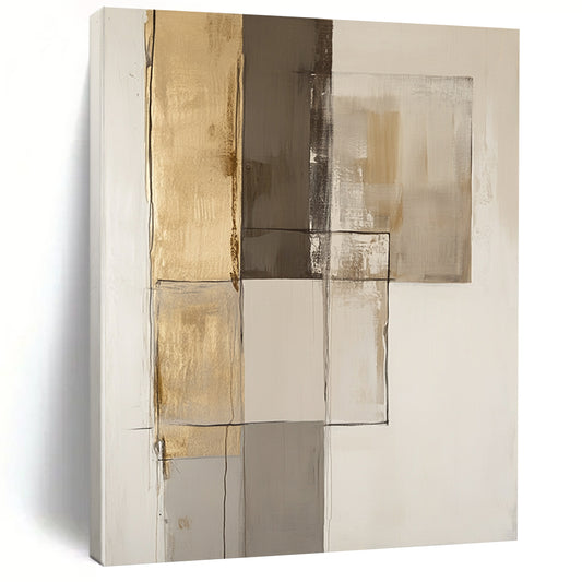 Contemporary hand-painted abstract art featuring textured brown and gold accents with smooth shades of gray on an off-white background. DLZ1070