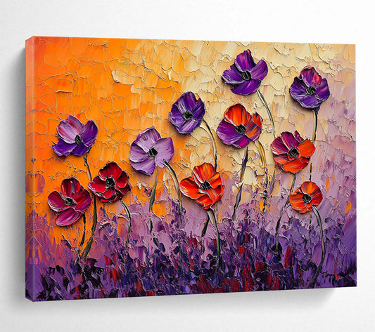 “Textured Poppy Field” - Purple, Orange, Pink - 3D Textured Flowers - Impasto Painting HB1297