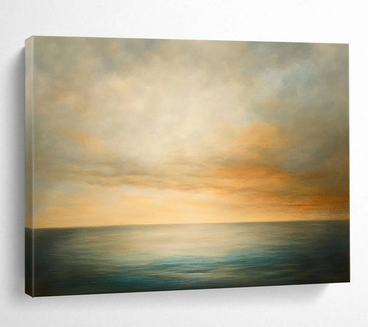 “Soft - Toned Sea and Sky” - Muted Grays, Oranges, Blues, Calm Ocean and Sky - Oil Painting HB1606