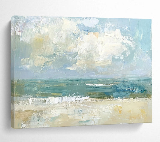 “Abstract Coastal View” - Muted Blues, Greens, Beiges, Textured Beach Scene - Oil Painting HB1613