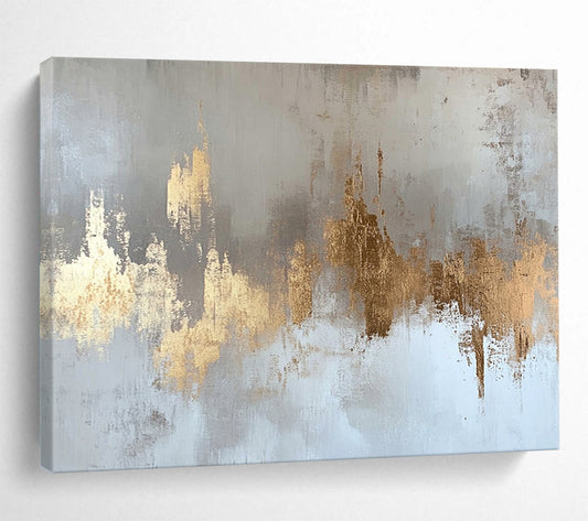 “Gold Accents on Gray White” - Gold, Gray, White, Textured Forms - Painting On Canvas HB1418