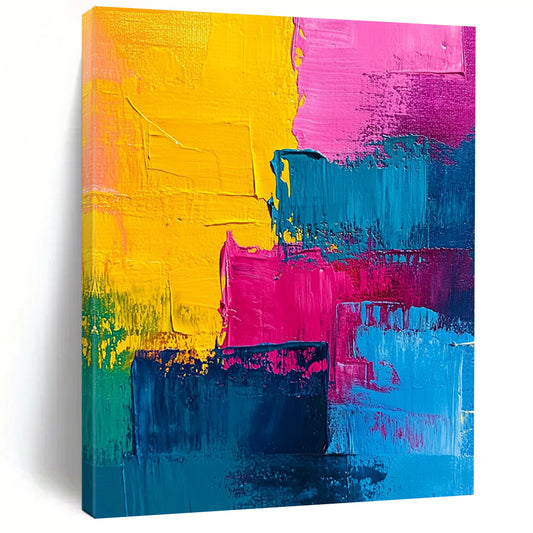 Contemporary abstract painting features vibrant pink blue yellow and teal acrylic swirls creating a dynamic and energetic visual experience. DLZ0811