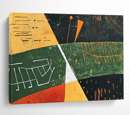 “Geometric Landscape Abstract” - Green, Yellow, Orange, Black, White, Geometric Fields, Symbols - Painting On Canvas HB1445