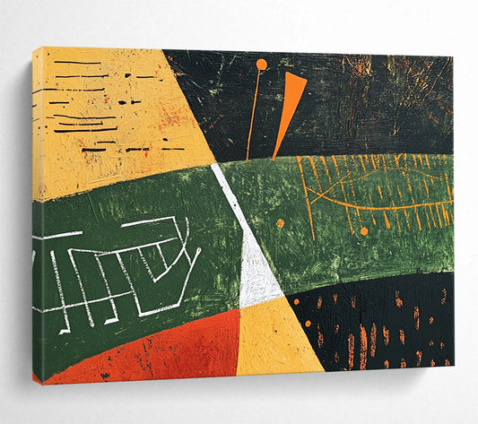 “Geometric Landscape Abstract” - Green, Yellow, Orange, Black, White, Geometric Fields, Symbols - Painting On Canvas HB1445