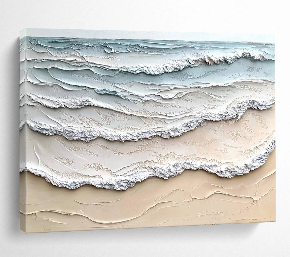 Layered Sea Waves in Blue and Beige - Impasto Ocean Scene Painting On Canvas HB0427