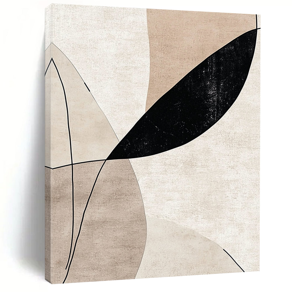 Contemporary handcrafted abstract art featuring elegant lines and curves in beige tones with striking black accents, perfect for sophisticated decor. DLZ0797