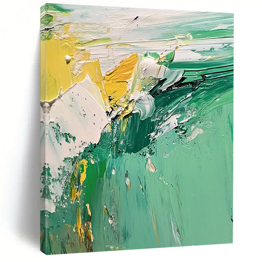 Contemporary abstract artwork featuring a vibrant green and white landscape with textured seafoam created using thick oil and acrylic paint techniques. DLZ0598