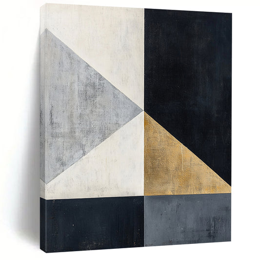 Black, White, Gray, Gold, Geometric Triangles "Gilded Triangles" Abstract Modernist Painting On Canvas HB118