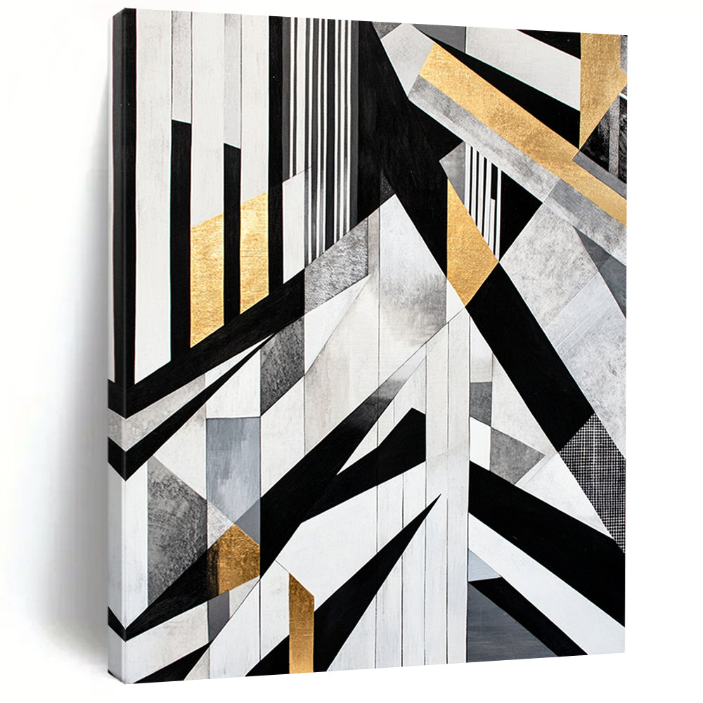 Black, White, Gray, Gold, Geometric Collage "Gilded Geometry Mosaic" Abstract Cubist - Inspired Painting On Canvas HB111
