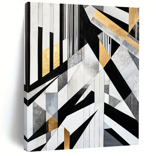 Black, White, Gray, Gold, Geometric Collage "Gilded Geometry Mosaic" Abstract Cubist - Inspired Painting On Canvas HB111
