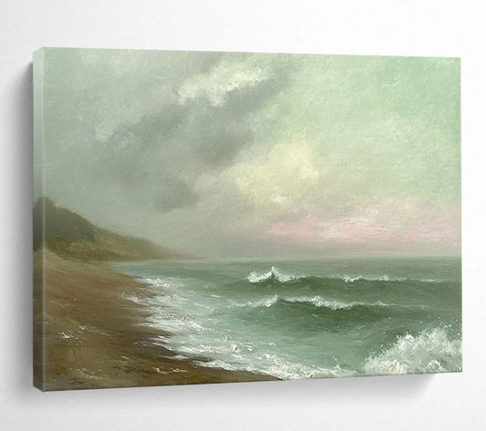 Green, Gray, Brown and White Misty Seaside "Moody Shore" Painting On Canvas HB0668