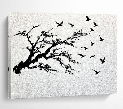 “Black - White Plum Blossom & Birds” - Black, White, Minimalist Nature Silhouettes - Ink Painting HB1631