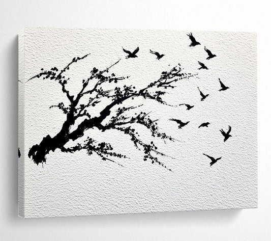 “Black - White Plum Blossom & Birds” - Black, White, Minimalist Nature Silhouettes - Ink Painting HB1631
