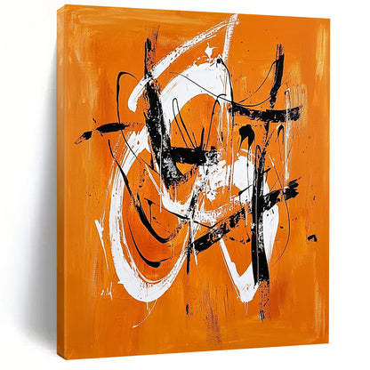 Contemporary hand-painted abstract artwork features vibrant orange and white shapes, dynamic lines, and energetic brushstrokes with striking black accents. DLZ0632