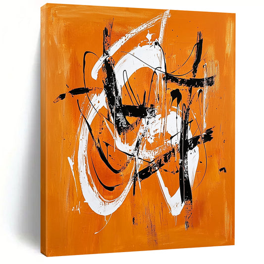 Contemporary hand-painted abstract artwork features vibrant orange and white shapes, dynamic lines, and energetic brushstrokes with striking black accents. DLZ0632