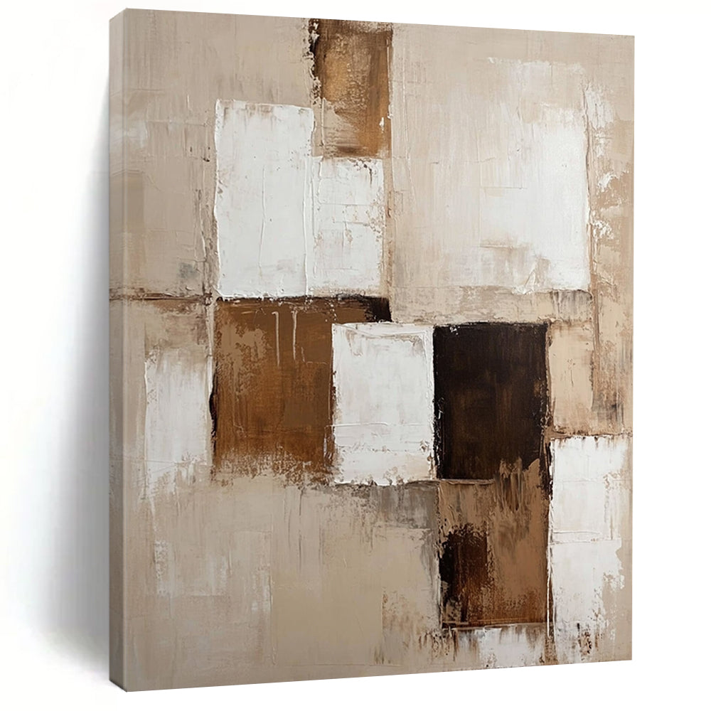 Contemporary abstract painting with beige and white tones and brown accents on textured canvas creates a perfect neutral wall accent. DLZ0289