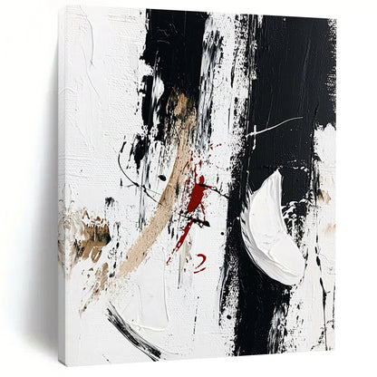 Contemporary abstract artwork features striking black brush strokes with white shoes embellished by vibrant red paint scribbles, embodying minimalism and fashion art style. DLZ0818