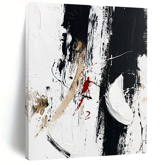 Contemporary abstract artwork features striking black brush strokes with white shoes embellished by vibrant red paint scribbles, embodying minimalism and fashion art style. DLZ0818