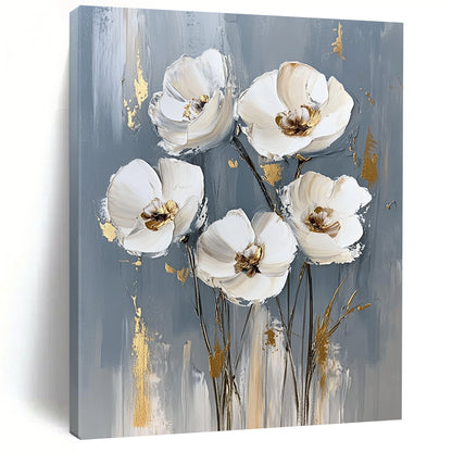 Contemporary abstract painting features white flowers on a gray background with striking gold accents, creating a sophisticated artistic touch for any space. DLZ0823
