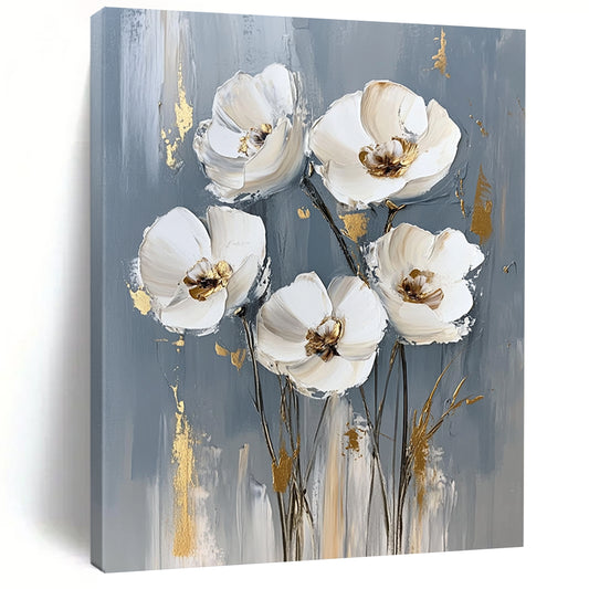 Contemporary abstract painting features white flowers on a gray background with striking gold accents, creating a sophisticated artistic touch for any space. DLZ0823