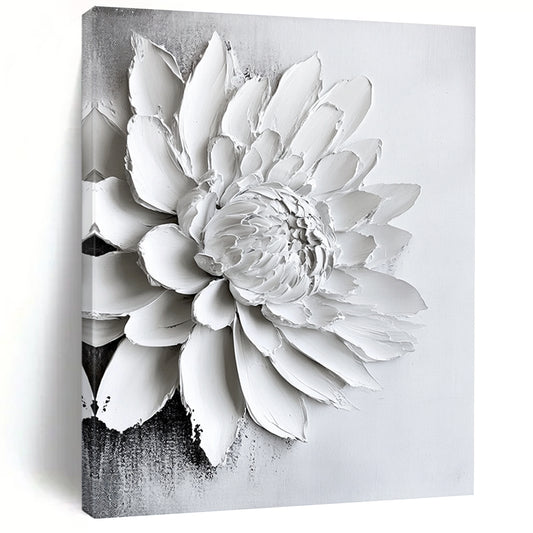 Contemporary abstract art featuring a textured white chrysanthemum painting on canvas, creating a striking monochrome aesthetic for modern interiors. DLZ0831