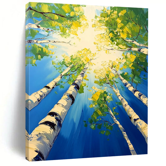 Contemporary hand-painted artwork depicting birch trees with vibrant green leaves under a bright blue sky capturing tranquility and vitality. DLZ1708