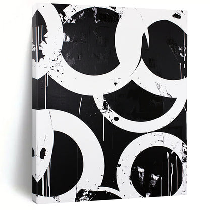 Black, White, Overlapping Circles "Graphic Circle Overlaps" Abstract Pop - Art Inspired Painting On Canvas HB173