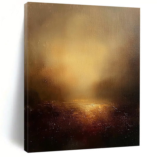 Contemporary abstract painting featuring an ethereal landscape with warm tones golden light and textured canvas against a dark sky backdrop. DLZ0458