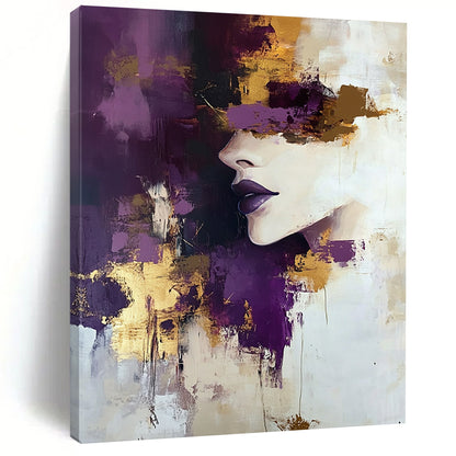 Contemporary hand-painted abstract art featuring a woman with purple and gold accents soft tones and thick brush strokes in a beige and white palette. DLZ0974