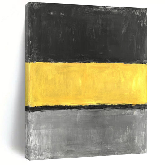Large contemporary hand-painted abstract artwork featuring a striking yellow stripe on a grey background in minimalist oil expression. DLZ1390