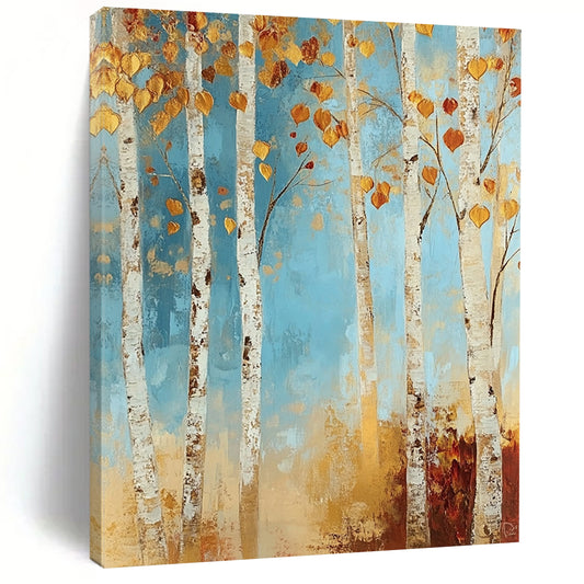 Contemporary abstract painting featuring a tranquil birch forest with autumn hues in soft blues and golds, adding warmth to your space. DLZ1456