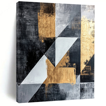 Dark Gray, Gold, Light Gray, White with Angular Shapes "Dynamic Geometry" Abstract Painting On Canvas HB013