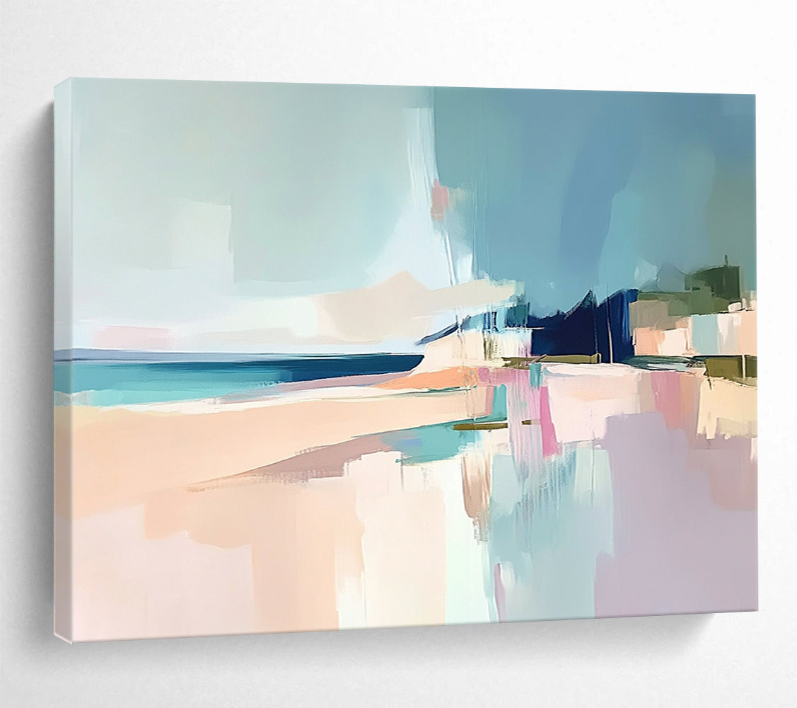 “Pastel Coastal Abstract” - Soft Blue, Pink, Beige, Abstract Beach Scene Painting On Canvas HB0980