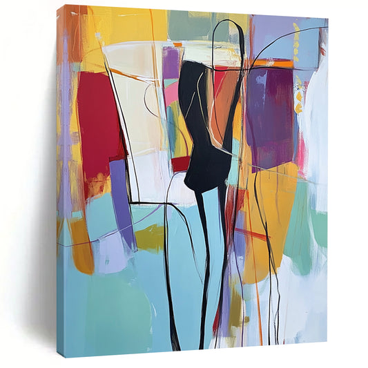 Contemporary hand-painted abstract art featuring light blue hues with vibrant reds yellows greens and purples depicting a figure in a black suit. DLZ0996