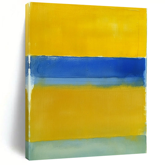 Large contemporary hand-painted abstract art featuring a vibrant yellow field framed by a deep blue border and light green bottom. DLZ1526